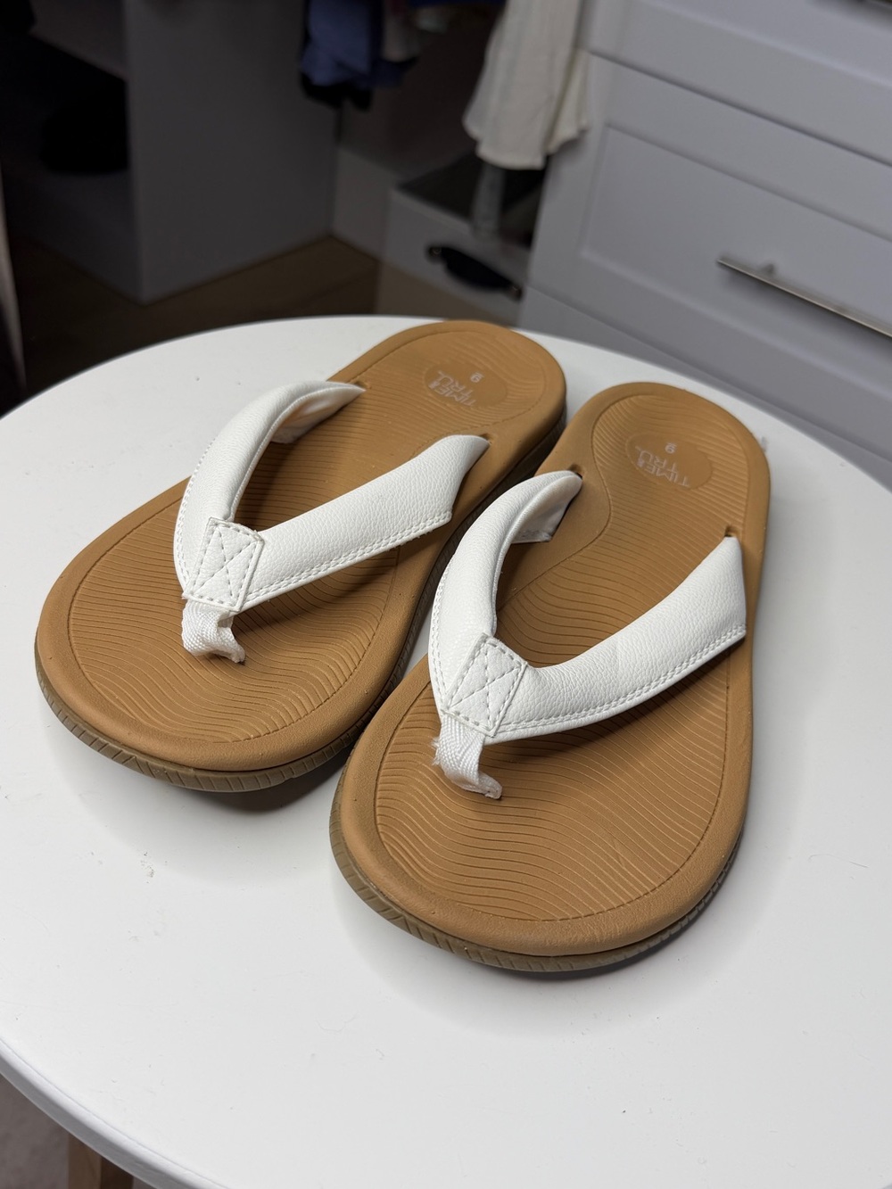 Time and Tru White and Tan Thong Sandals